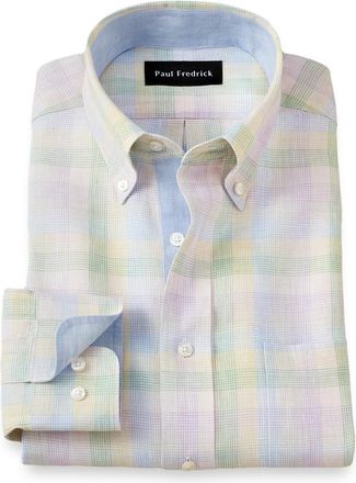Paul Fredrick Slim Fit Non-iron Linen Plaid Dress Shirt With Contrast Trim