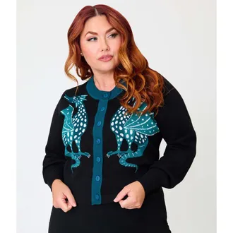 Unique Vintage Plus Size 1950s Cropped Cardigan in Black Dragon Print at Nordstrom, Size 2X