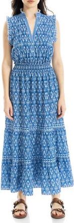 Max Studio Floral Ruffle Sleeveless Tiered Maxi Dress in Blue/White Rosette Tapestry at Nordstrom Rack, Size X-Large
