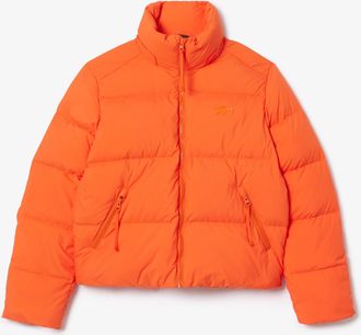 Lacoste Womens Relaxed-Fit Hooded Down Jacket in Orange - Size 10 UK