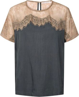 Rabens Saloner Donkere Schaduw T-shirt met Kantdetails - Dames - T-shirts - Zwart - S/M - Katoen - Tops