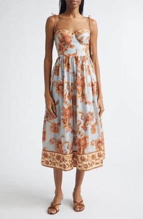 Zimmermann Aster Border Print Corset Midi Sundress in Blue Jacobean at Nordstrom, Size 0P