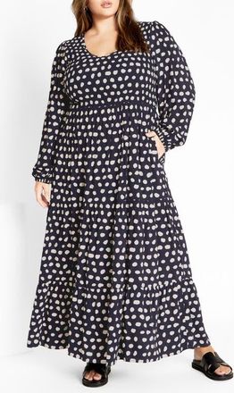 City Chic Adley Printed Smocked Bodice Long Sleeve Maxi Dress in Spot at Nordstrom, Size Xxs