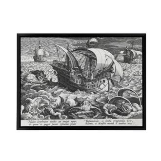 Artery8 Collaert Sea Monsters Around A Ship Framed Canvas Wall Art Print in Grey | Size: W24 x H32