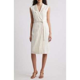 BOSS Drupe Pinstripe Linen Blend Dress in White/Navy Pinstripe at Nordstrom Rack, Size 12