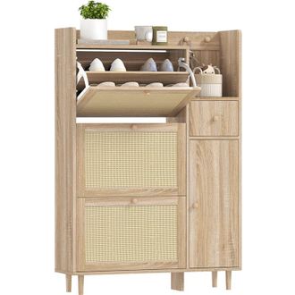 HOMCOM Homcom - Mueble Zapatero Armario Zapatero Con 3 Cajones Abatibles Con Frentes De Rat&aacute;n Para 12 Pares De Zapatos Estantes Ajustables 80x23x120 Cm Roble