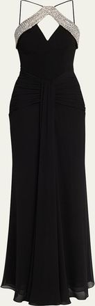 Rebecca Vallance Astros Draped Crystal-Trim Halter Gown
