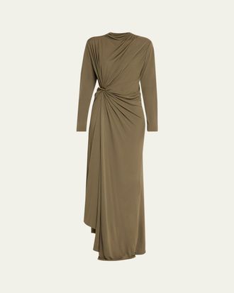 Bottega Veneta Long-Sleeve Draped Matte Crepe Maxi Dress