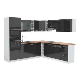 Vicco Cocina Esquinera R-line, Antracita Brillo Intenso/blanco, 237 X 247 Cm, Et Roble