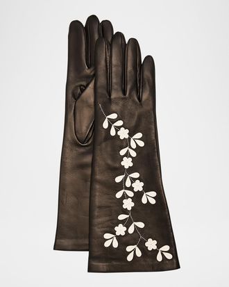Portolano Leather Gloves W/ Contrast Floral Details