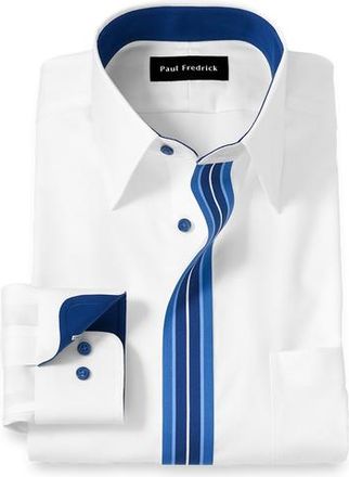 Paul Fredrick Tailored Fit Non Iron Point Collar Dress Shirt with Striped Trim in White/blue at Nordstrom, Size 16.5 - 35