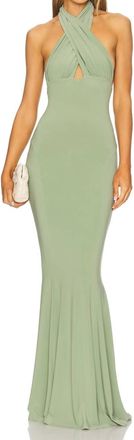 Norma Kamali Cross Halter Fishtail Gown In Vintage Green
