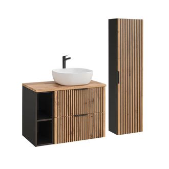 Petits Meubles Set mueble lavabo 2 nichos y columna estratificado marr&oacute;n negro