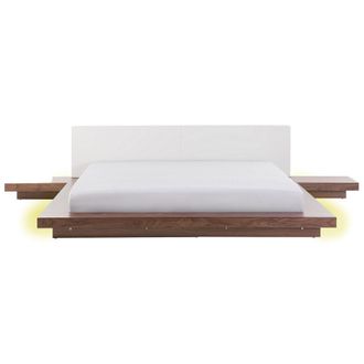 Beliani Cama Moderna 180 X 200 Cm Con Plataforma Led Mesitas De Noche Cabecero De Piel Sint&eacute;tica Mdf Madera De Fresno Marr&oacute;n Zen