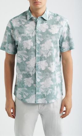 Robert Barakett Kyliam Floral Print Short Sleeve Cotton Button-Up Shirt in Dusty Teal at Nordstrom, Size Xx-Large