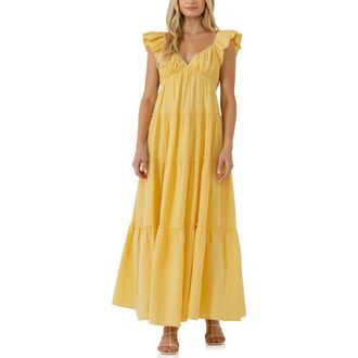Free the Roses Sweetheart Neck Cotton Gauze Tiered Maxi Dress in Yellow at Nordstrom Rack, Size Large