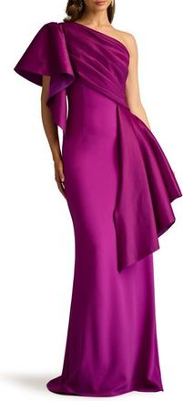 Tadashi Shoji Draped One-Shoulder Mixed Media Gown in Magenta at Nordstrom, Size X-Small
