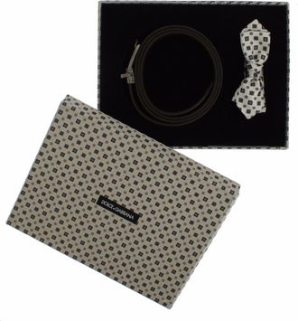 Dolce & Gabbana White Silk Bowtie Leather Men Belt Gift Box