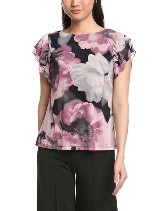 Anne Klein Printed Mesh Ruffle Sleeve Top