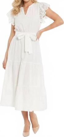 Nicole Miller Belted Eyelet Sleeve Tiered Dress In Brilliant White