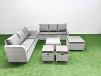 Fimous Outdoor Garden Furniture Sets 9 Seater Wicker Rattan Furniture Sofa Sets w/ Square Coffee Table high Back Lounge Sofa 3 Stools Side Table