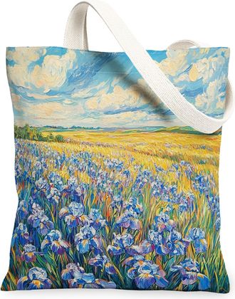Generic Spring Irises Flower Canvas Tote Bag for Shopping 13x15, Florals Landscape Reusable Grocery Print Bag for Women, Nature Scenic Beach Aesthetic Paintin