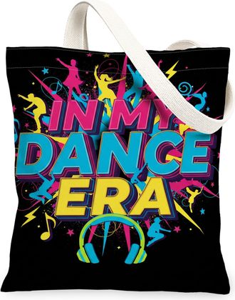 Generic Dance Black Canvas Tote Bags, Colorful Music Pattern Reusable Bags, Lightweight Washable Shoulder Strap for Gym Travel Beac, Black, 13x15 Inch