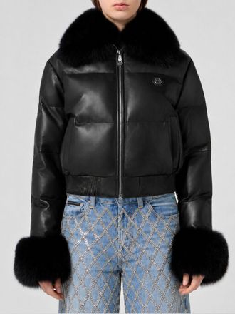 Philipp Plein Bomber in pelle di agnello trapuntata con polsini in pelliccia