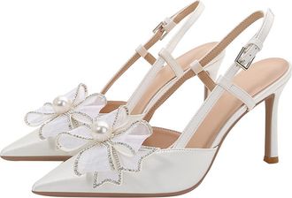 Generic Women Pointed Toe Stiletto White High Heels 8.5CM Detachable Pearls Rhinestones Satin Lace Tulle Bow Wedding Evening Party (10.5)
