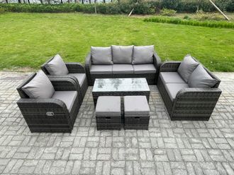 Fimous Patio Garden Furniture Sets Wicker 9 Seater Outdoor Rattan Furniture Sofa Sets with Rectangular Coffee Table Reclining Chair Love seat Sofa