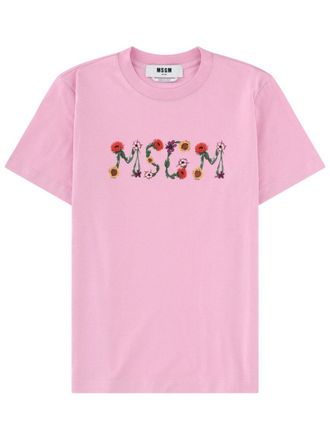 Msgm Soft Pink Chest Floral Logo T-Shirt