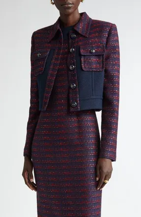 St. John Colorblock Tweed Crop Jacket in Midnight/geranium Multi at Nordstrom, Size 14