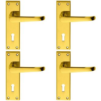 Loops 4x PAIR Straight Victorian Handle on Lock Backplate 150 x 42mm Polished Brass in Metallics