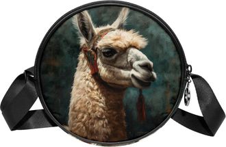 Generic Circle Crossbody Bag for Women, Vintage Alpaca Pattern Small Sling Bag Daypack with Zipper Adjustable Shoulder Straps Casual Ladies Girls Round Purse