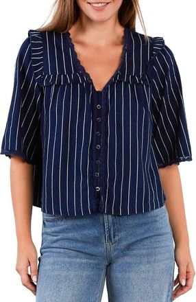 BILLY T Juliet Lace & Ruffle Cotton Blend Top in Dark Indigo Pinstripe at Nordstrom, Size X-Small