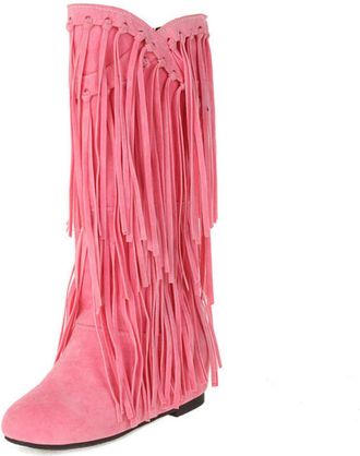 Generic Womens Suede Western Cowboy Boots with Fringe,Flat Heel,Mid-Calf,Slip-On Style,Pink,10 UK