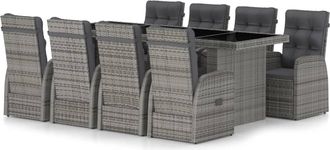 vidaXL 9 Pc Colocados Para La Cena Al Aire Libre Con Almohadas De Mimbre Pe Gray - 220351