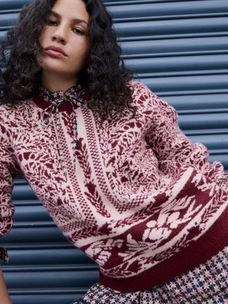 Fat Face FatFace Burgundy Red Floral Bouquet Knitted Crew Neck Jumper