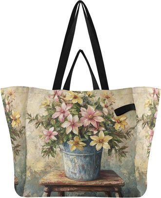 Generic Beige Flower Chair pattern Reusable Canvas Tote Bag, Heavy Duty Grocery Shopping Bag with Hard Bottom Double Handles Large Capacity Work Groceries Tra