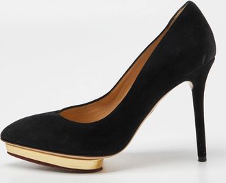 Charlotte Olympia Black Suede Dotty Platform Pumps