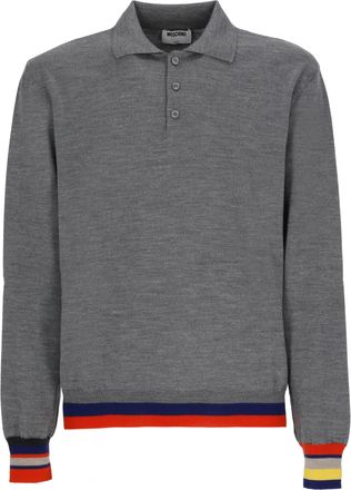 Moschino Grey Striped Detailing Knit Wool Polo Shirt