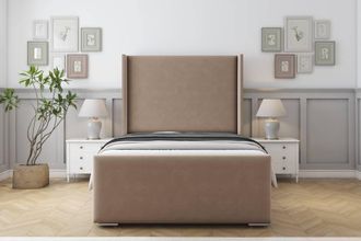 Sloomy Devonshire Plush Frame-Mattress-50 Upholstered Wingback Headboard in Taupe | Size: Double