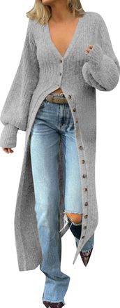 Generic Cardigans for Women UK Plus Size Maxi Long Cardigan Button Up Open Front Sweaters Elegant Plain Plunge Coatigans Warm Soft Casual Sweater for Autumn W