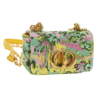 Dior Caro Bag Embroidered Canvas Green Canvas Handbag (Pre-Owned)