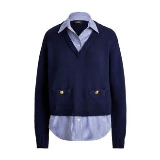 Ralph Lauren V-neck Knitwear, female, Blue, Size: XS Combed Cotton Sweater-Pullover