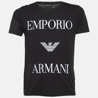 Emporio Armani Black Logo Embroidered Cotton Crew Neck T-Shirt
