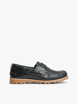 Tommy Hilfiger Mens Woven Leather Boat Shoe - Navy - US 10 / EU 43
