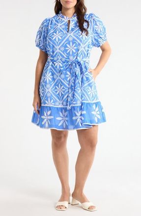 Sugarlips Alexie Floral Print Tie Waist Dress in Blue-Wht-Mul at Nordstrom, Size 2X