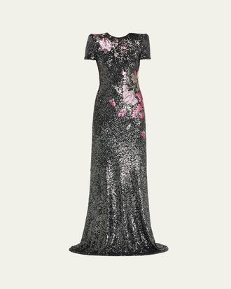 Naeem Khan Floral Applique Stretch Sequin Cap-Sleeve Gown