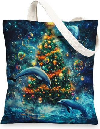 Generic Ocean Christmas Tree Canvas Tote Bag for Shopping 13x15, Fun Xmas Sea Dolphin Reusable Grocery Print Bag for Women Men, Holiday New Year Aesthetic Pai
